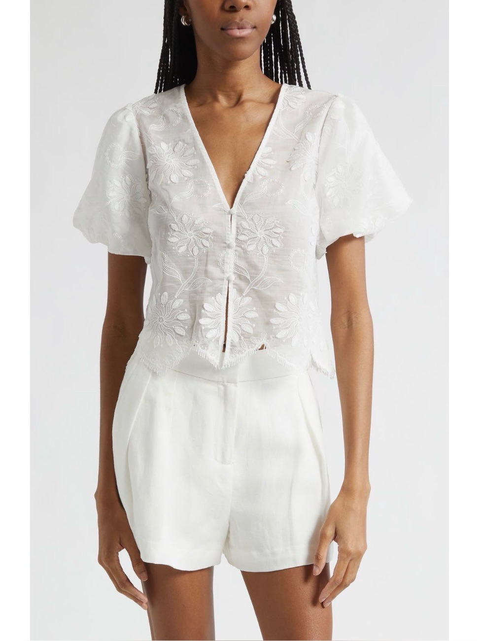 Ramy Brook Chrissie Embroidered Puff Sleeve Crop Top In Ivory Organza Size M